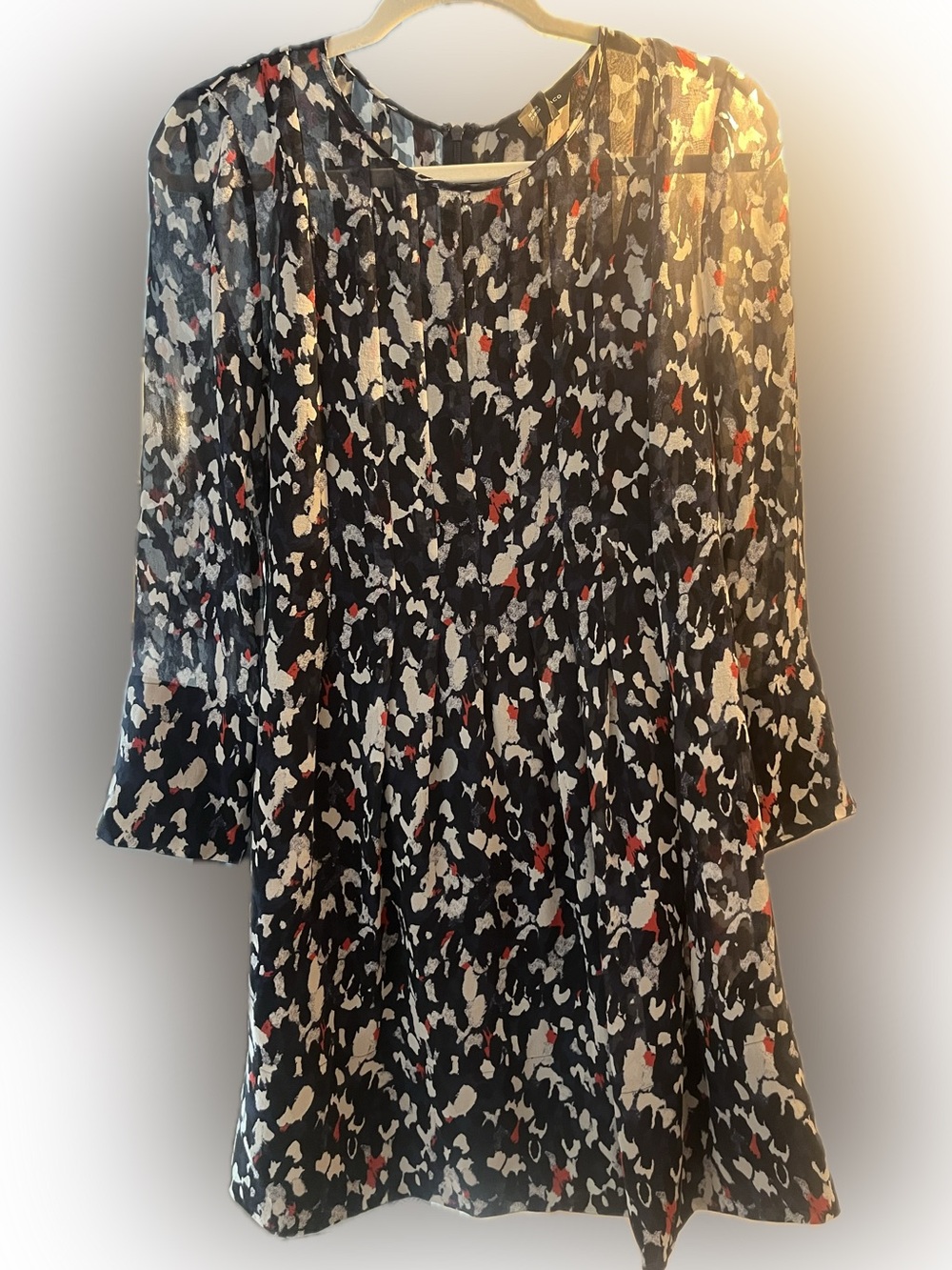 Club Monaco Black Long-Sleeve Patterned Shift Dress with Red and Cream Accents